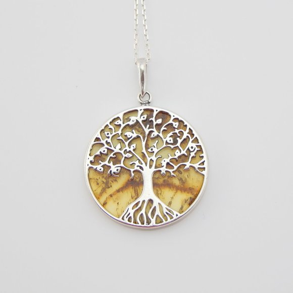 Natural Baltic Lemon Amber Tree of Life Pendant Necklace in s925 - Picture 1 of 5